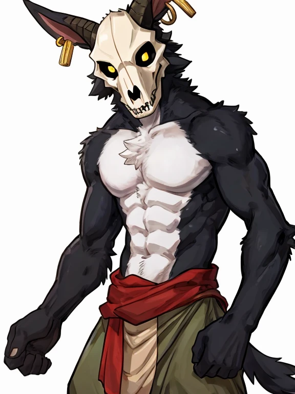 by Buta99, by SpiritD, best quality, masterpiece, perfect anatomy, plain white background, white background, black fur, skull mask, goat skull, yellow eyes, goat, extremely detailed, full body, lean, slim, skinny, thin, weak, muscles, muscular, big chest, adult, mature, masculine, skinny fat, skinnyfat, full body portrait, solo, 1male, masterpiece, posing, pose, dynamic pose, fully black body, black body, fur, fluffy chest, fluffy arms, fluffy torso, chest tuft, hairy chest, sfw, safe for work, goat tail, goat ears, goat horns, brown horns, golden earrings, ring earrings, golden ring earrings, white mask, ears, long ears, curved ears, visible ears, yellow pupils, shirtless, topless, naked, nude, white chest, white belly, fully black body, dynamic expression, fun expression, silly expression, happy expression, tunic, warrior tunic, warrior pants, 