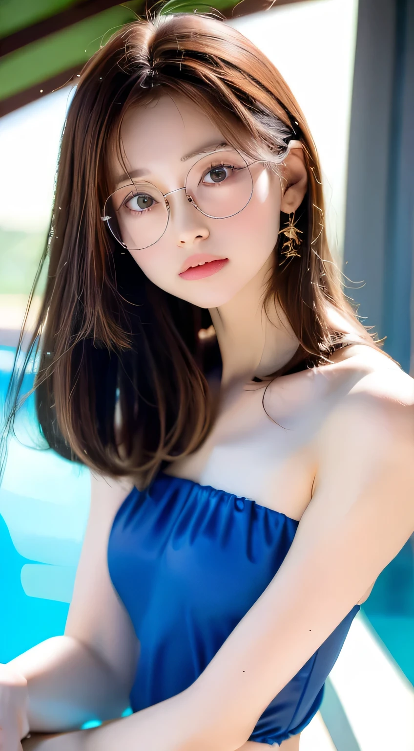 highest quality, RAW Photos, Realistic, face, Incredibly beautiful girl, cute, Long Hair,ponytail，Glasses，Written boundary depth, High resolution, Super detailed, detailed, Very detaileded, extremely detaileded eye and face, Sharp pupils, Realistic students, Sharp focus, Cinema Lighting, Japanese, Short women,  Physical build, Short arms, Long, narrow eyes, Fleeting atmosphere, 30 years old, Brown bob hair, ((thin lips)), White top and bottom underwear, Masterpiece, highest quality, Detailed skin, Detailed face, Fine grain, 8k, Excellent anatomy, Upper body portrait，flat breasts, small breasts, small,( small bust: 1.2), small bust, (slim, small, flat, small), thin, Delicate and sexy collarbone, One Girl, (Beautiful girl, Delicate girl:1.3), (15 years old:1.3),
break, (One piece swimsuit, Swimsuit:1.2),
break, (Pool:1.3),
break, Very beautiful eyes, (Symmetrical eyes:1.3),
break, , Brown eyes, Parted bangs, Brown Hair, (Upper teeth, The best smile:0.2),
break, (Eyes and face detail:1.0),
break, (masterpiece, highest quality, Super detailed, Detailed face, 8k)