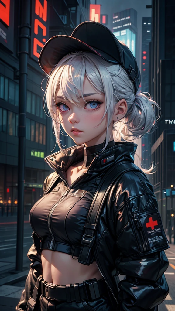 masterpiece, best quality, 4k, UHD, mishoujo, beautiful eyes and detailed face, illustration, beautiful detailed, high resolution illustration, glowing_white_particles, 1girl, white hair, light purple eye, hair over one eye, short side tail, baseball cap, expressionless, window shade, black jacket, black crop shirt, chest rig, cyberpunk, techwear, (Impressionism:1.4), mid body portrait, cyberpunk city background, looking serious, 
