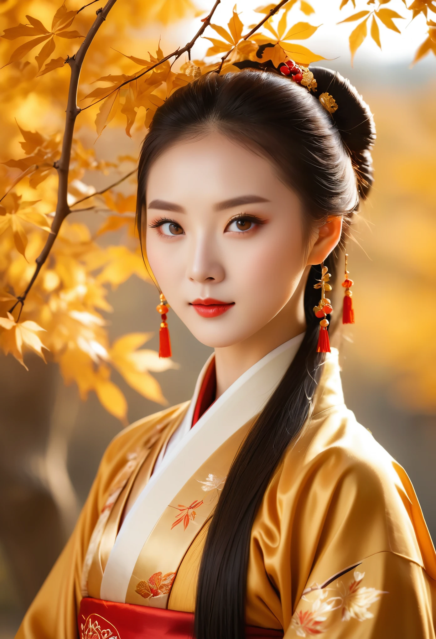 Chinese beauty, photographed in the style of photography, looking at the camera with beautiful eyes and delicate facial features, wearing Hanfu in autumn. The background is blurred golden leaves, with sunlight shining on her face through branches.