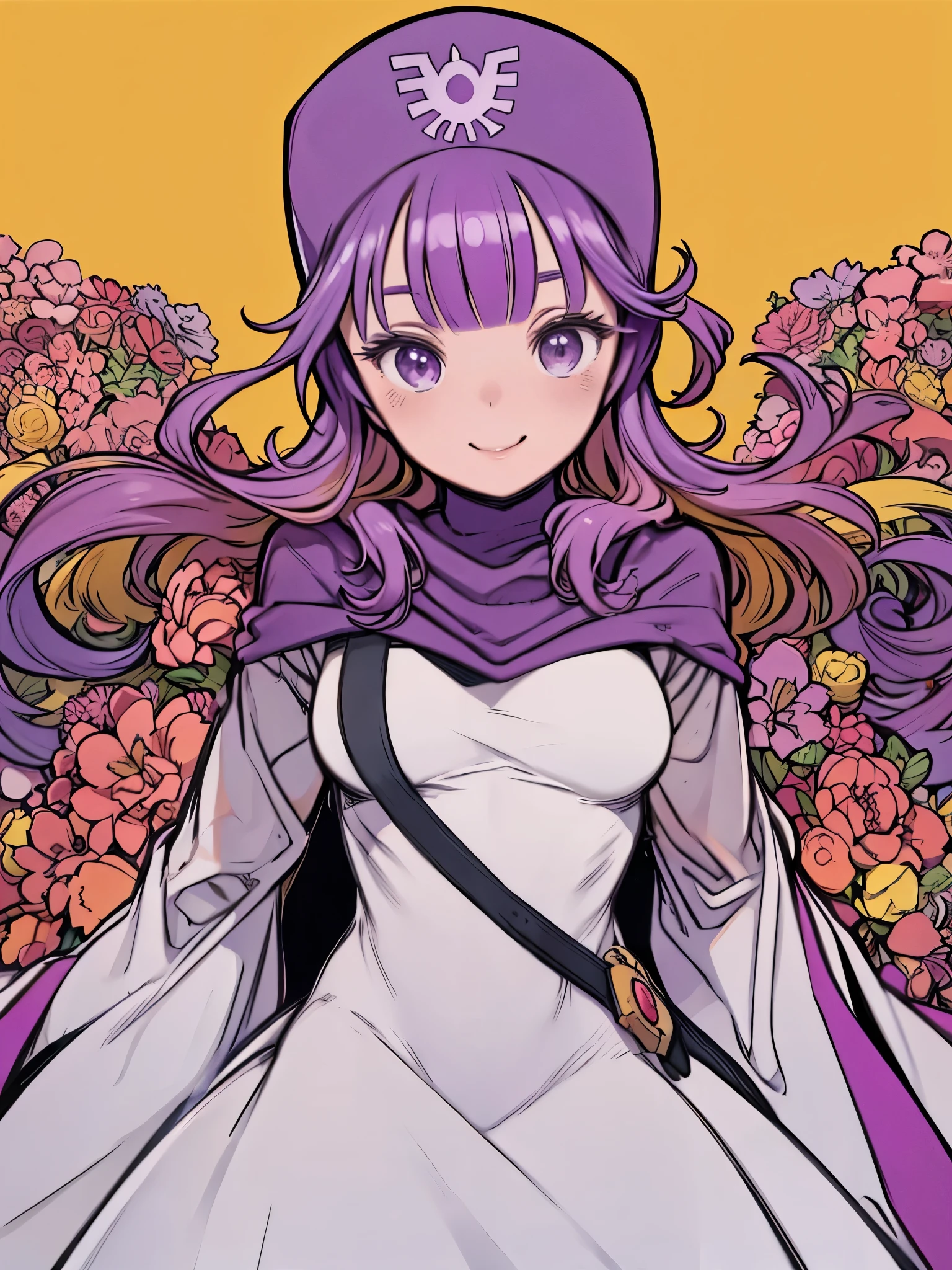 masterpiece、highest quality、High resolution、Very detailed、((Flat Color))、woman、cute、Smiling、(dqPOM、 purple hair, robe、purple hood, blonde hair, robe、Big Breasts)、
