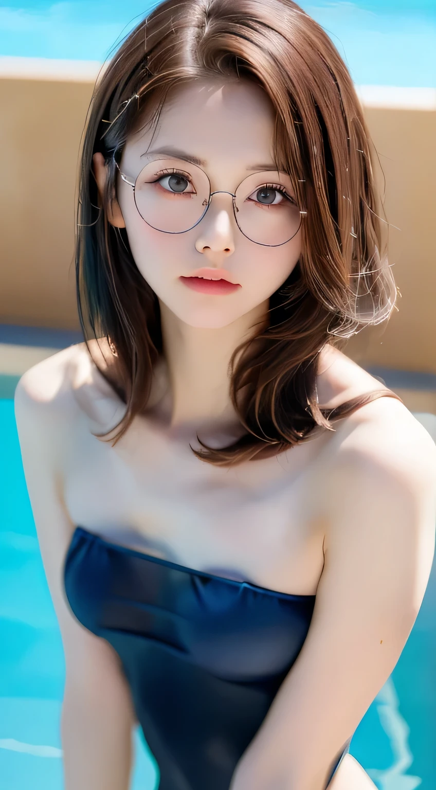 highest quality, RAW Photos, Realistic, face, Incredibly beautiful girl, cute, Long Hair,ponytail，Glasses，Written boundary depth, High resolution, Super detailed, detailed, Very detaileded, extremely detaileded eye and face, Sharp pupils, Realistic students, Sharp focus, Cinema Lighting, Japanese, Short women,  Physical build, Short arms, Long, narrow eyes, Fleeting atmosphere, 30 years old, Brown bob hair, ((thin lips)), White top and bottom underwear, Masterpiece, highest quality, Detailed skin, Detailed face, Fine grain, 8k, Excellent anatomy, Upper body portrait，flat breasts, small breasts, small,( small bust: 1.2), small bust, (slim, small, flat, small), thin, Delicate and sexy collarbone, One Girl, (Beautiful girl, Delicate girl:1.3), (15 years old:1.3),
break, (One piece swimsuit, Swimsuit:1.2),
break, (Pool:1.3),
break, Very beautiful eyes, (Symmetrical eyes:1.3),
break, , Brown eyes, Parted bangs, Brown Hair, (Upper teeth, The best smile:0.2),
break, (Eyes and face detail:1.0),
break, (masterpiece, highest quality, Super detailed, Detailed face, 8k)