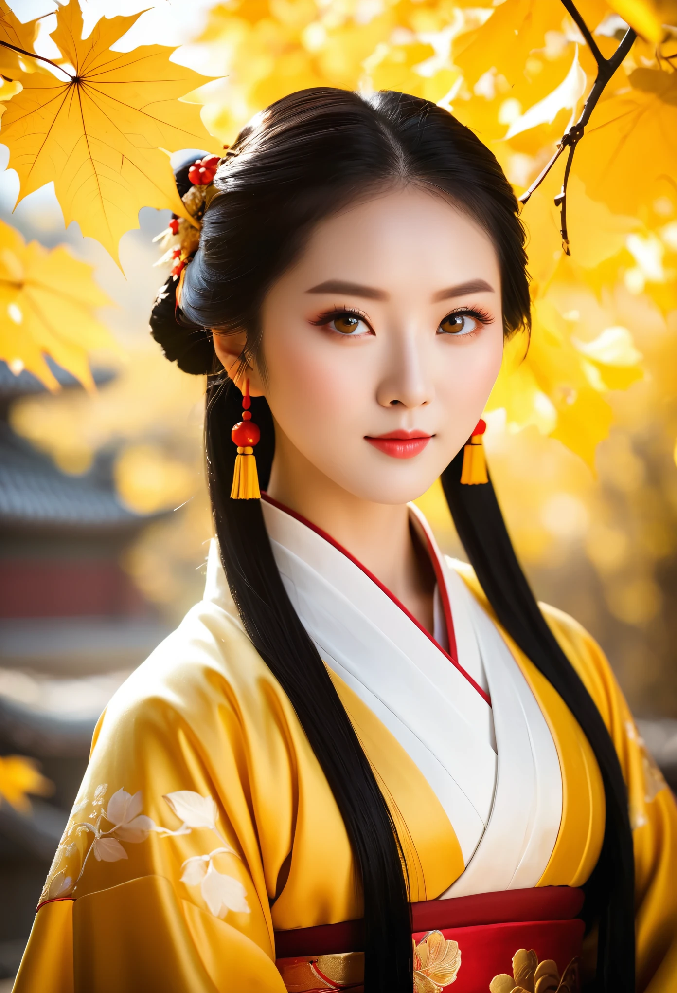 Chinese beauty, looking at the camera with bright eyes and black hair, dressed in Hanfu attire, surrounded by yellow leaves under sunlight. The background is blurred with sunlight shining on her face. She has delicate facial features and soft lighting. in the style of.