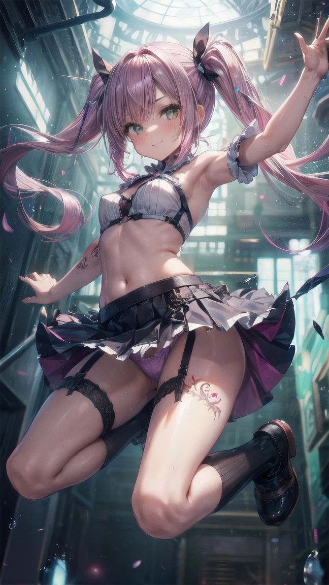 (highest quality:1.2),(Super Resolution),(1 person),(Cute Woman),Jump from a high place,(Angle from directly below:1.2),(Frilled Skirt:1.2),(Skirt flip:1.2)(whole body:1.2),(Petite body:1.2),(Tattoo on the inside of the thigh:1.2),(Taller twin tail hair:1.2),(garter belt),(Pink Panties:1.2),({ :1.5 }),(Pink Hair:1.2),(Shiny Knee Socks:1.2),(Jump with your knees wide apart in a dynamic pose:1.2),(Navel exposed:1.2),((Jump in M-leg pose)),Hot nights、(Glass body),(A shy smile),(Hot and profuse sweat),(The body is slim:1.2),(Beautiful Butt Model:1.2),(Low - Angle:1.3),(Riding an invisible horse:1.3),(lingerie ),(Jump with your legs wide apart like a gymnast:1.2),(Jump with your knees wide apart:1.5),(Photo session),(Lower body model)