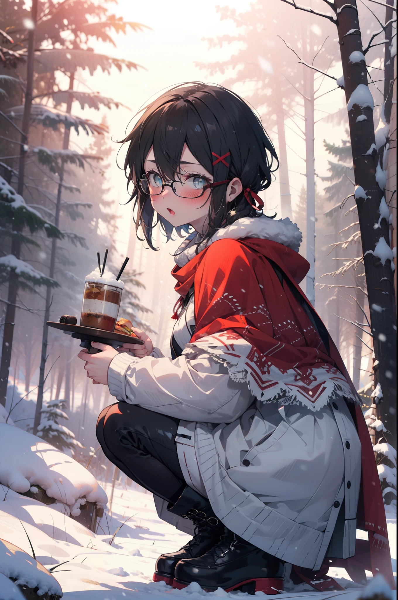 Shino Asada, Shino Asada, (black eye:1.5), Black Hair, Hair between the eyes, Hair Ribbon, short hair, Side Lock, Glasses, (Small breasts:1.2),blush,White Breath,
Open your mouth,snow,Ground bonfire, Outdoor, boots, snowing, From the side, wood, suitcase, Cape, Blurred, having meal, forest, White handbag, nature, Squat, Mouth closed, Cape, winter, Written boundary depth, Black shoes, red Cape break looking at viewer, Upper Body, whole body, break Outdoor, forest, nature, break (masterpiece:1.2), highest quality, High resolution, unity 8k wallpaper, (shape:0.8), (Beautiful and beautiful eyes:1.6), Highly detailed face, Perfect lighting, Highly detailed CG, (Perfect hands, Perfect Anatomy),
