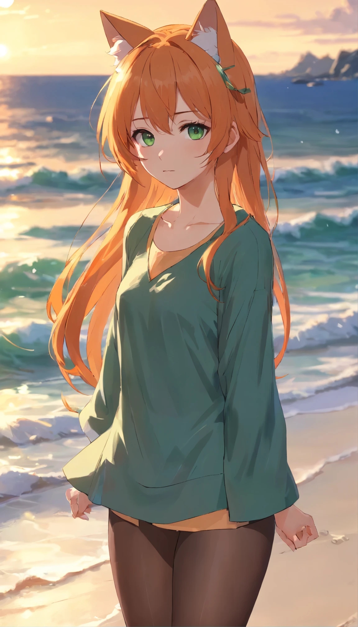 anime girl with long orange hair standing on beach near ocean, green eyes detailed digital anime art, cat ears, , anime girl with long hair, smooth anime cg art, anime girl with long hair, digital anime art, artwork in the style of guweiz, beautiful anime portrait, photorealistic anime girl render, beautiful anime girl, advanced digital anime art, pantyhose, guweiz on artstation pixiv upscale HD UHD HQ

