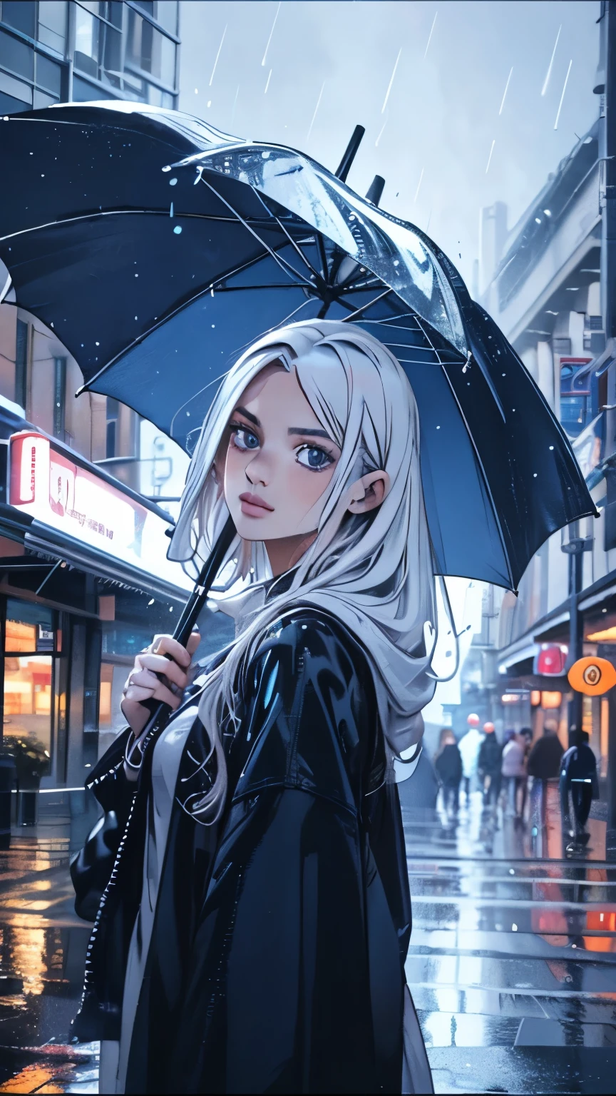 (highest quality,4K,8k,High resolution,masterpiece:1.2),Very detailed,(Realistic,photoRealistic,photo-Realistic:1.37),Rainy day girl,umbrella,Beautiful fine details,Beautiful lip detail,Very detailed目と顔,Long eyelashes,Windblown Hair,Slightly parted lips,A kind smile,raindrops on umbrella,Wet roads,Shining pavement,City lights reflecting in the rain,Moisture in the air,Damp clothing,Subtle immersion effect,Sparkling Puddle,Playful splashes,Calm expression,sheer umbrella fabric,Translucent raindrops,Studio Lighting,Improved color vibrancy,Calm colors,Subtle color gradients,rainy atmosphere,Dewy texture,rainy atmosphere,Warm light from a nearby shop,Lively and dynamic composition,Depth of written boundary,Bokeh effect.