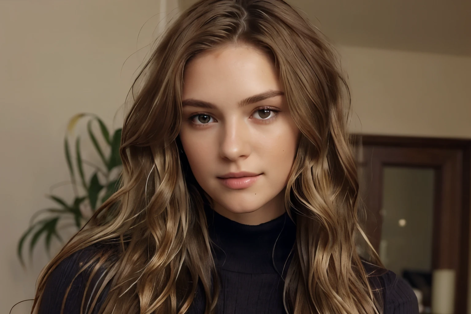 a woman in a white turtle neck sweater and jeans posing for a picture, brown colored long hair, brunette with dyed blonde hair, long hairstyle, appealing long hair, large highlights, girl with brown hair, center parted brown hair, brown flowing hair, long flowing brown hair, long brown wavy hair, brown haired, wavy hair spread out, light brown long wavy hair