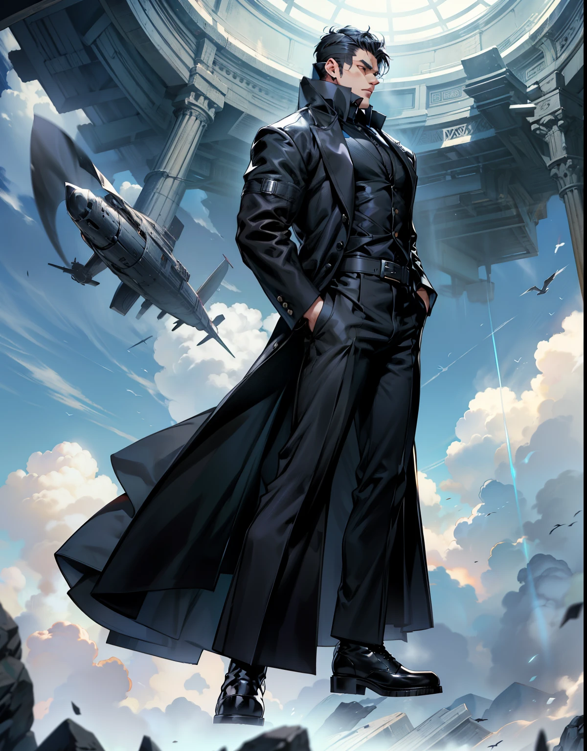 boys 26 Years old, Serious face, muscular, high cut short hair, wearing unbutton black long suits, white round neck shirts, black pants, high cut boots, ((hands behind back)), levitate on air, cloud, sky 