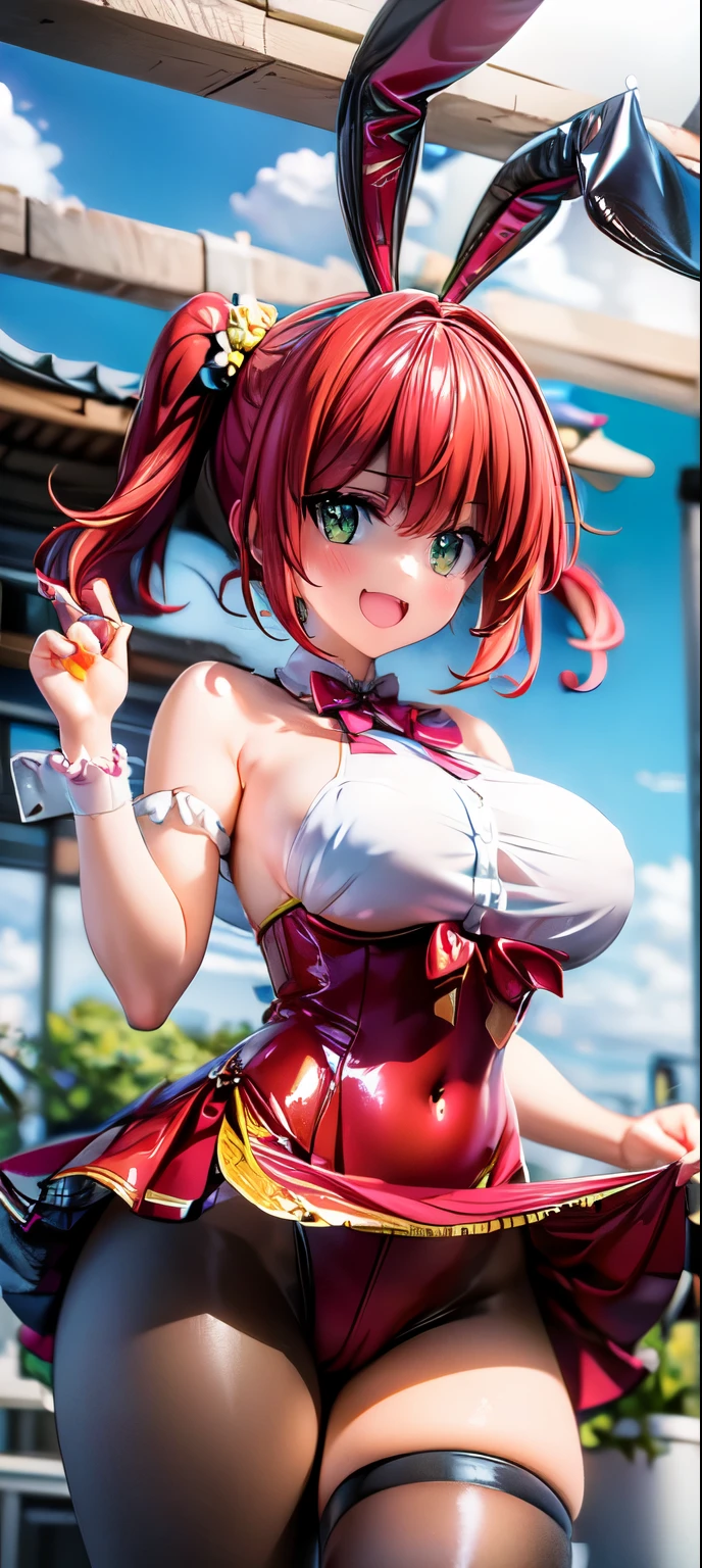 best quality, masterpiece, extremely detailed CG, official art , professional lighting, detailed background, sakimiyairuka, red hair, green eyes, one side up, medium hair, green scrunchie, hair ornament, gleaming skin, big breasts, playboy bunny,(black pantyhose, bowtie, wrist cuffs)