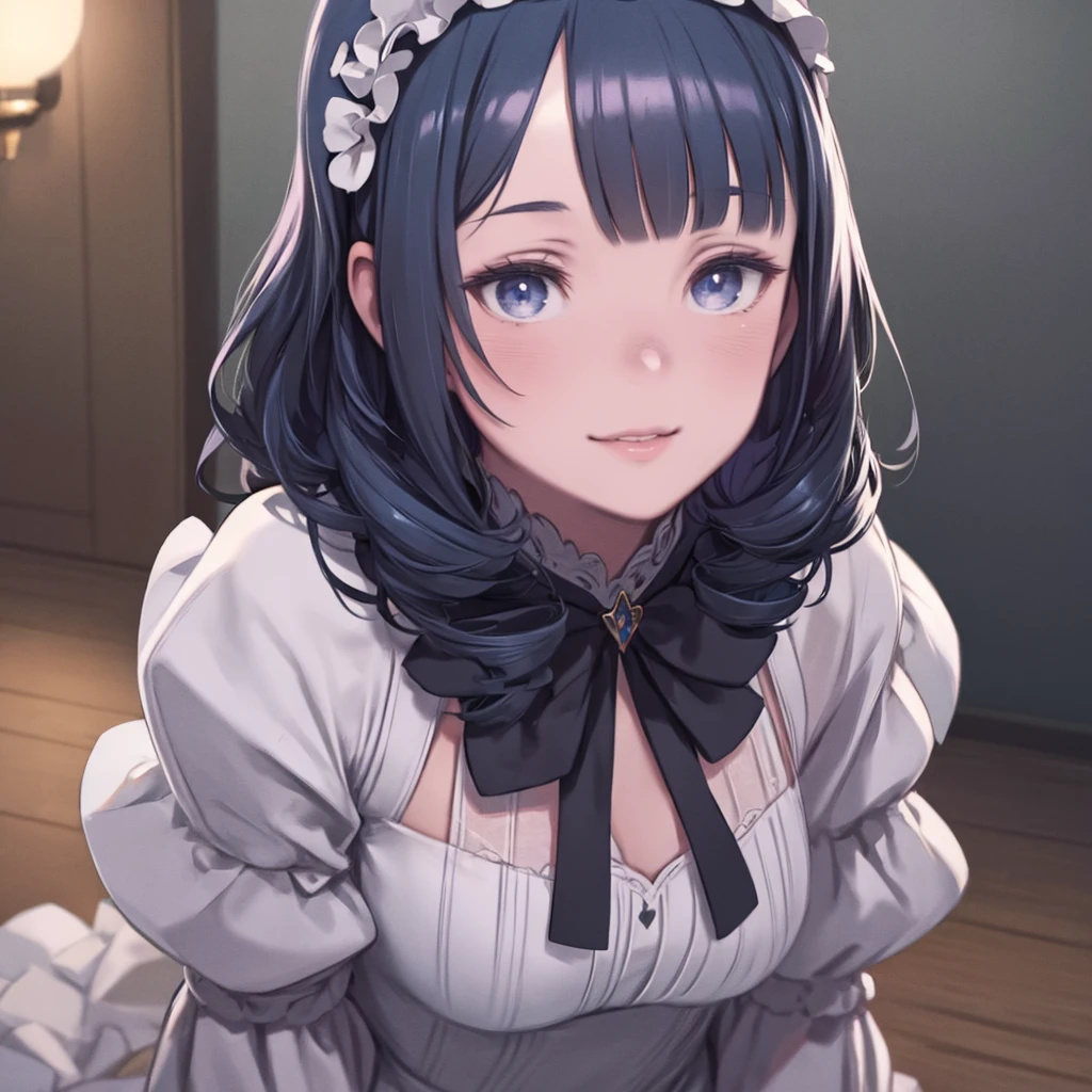Realistic, masterpiece, Final details, photo Realistic, Intricate details, Octane Rendering, 8k, One girl, Perfect face, Beautiful Face, nswf, Trough Reference, Hair Details,, black bow, black gloves, Black Legs, blue eyes, Blue Hair, bow, clavicle, dress, Drill Hair, Frills, Frills, gloves, Gwen, headdress, High resolution, Long Hair, Lips parted, Puffy sleeves, Purple eyes, smile, alone, white dress, Oilskin,