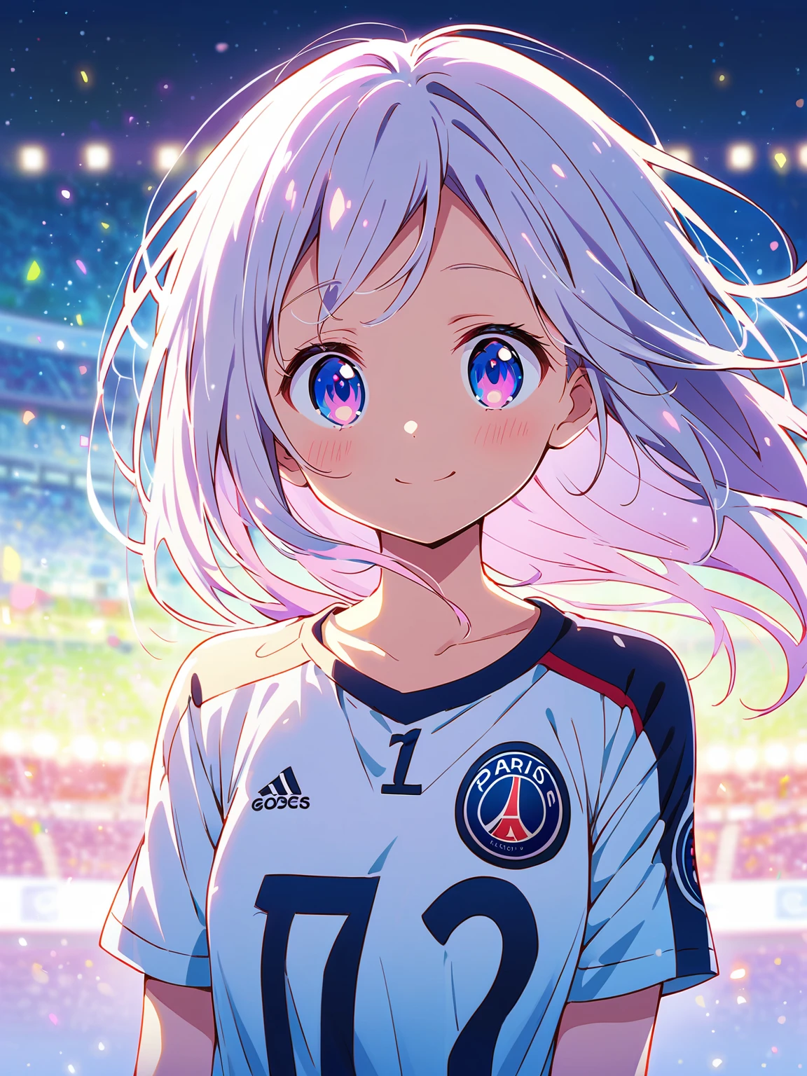 In a dreamy, anime-style illustration, Shiro from No Game No Lifestands alone in a soccer stadium, bathed in a warm, golden light. She wears a Paris Saint-Germain jersey with number 7, white hair, no game no life eye style, with a soft, gentle smile, set against a blurred, gradient background, evoking a sense of quiet contemplation and solitude.