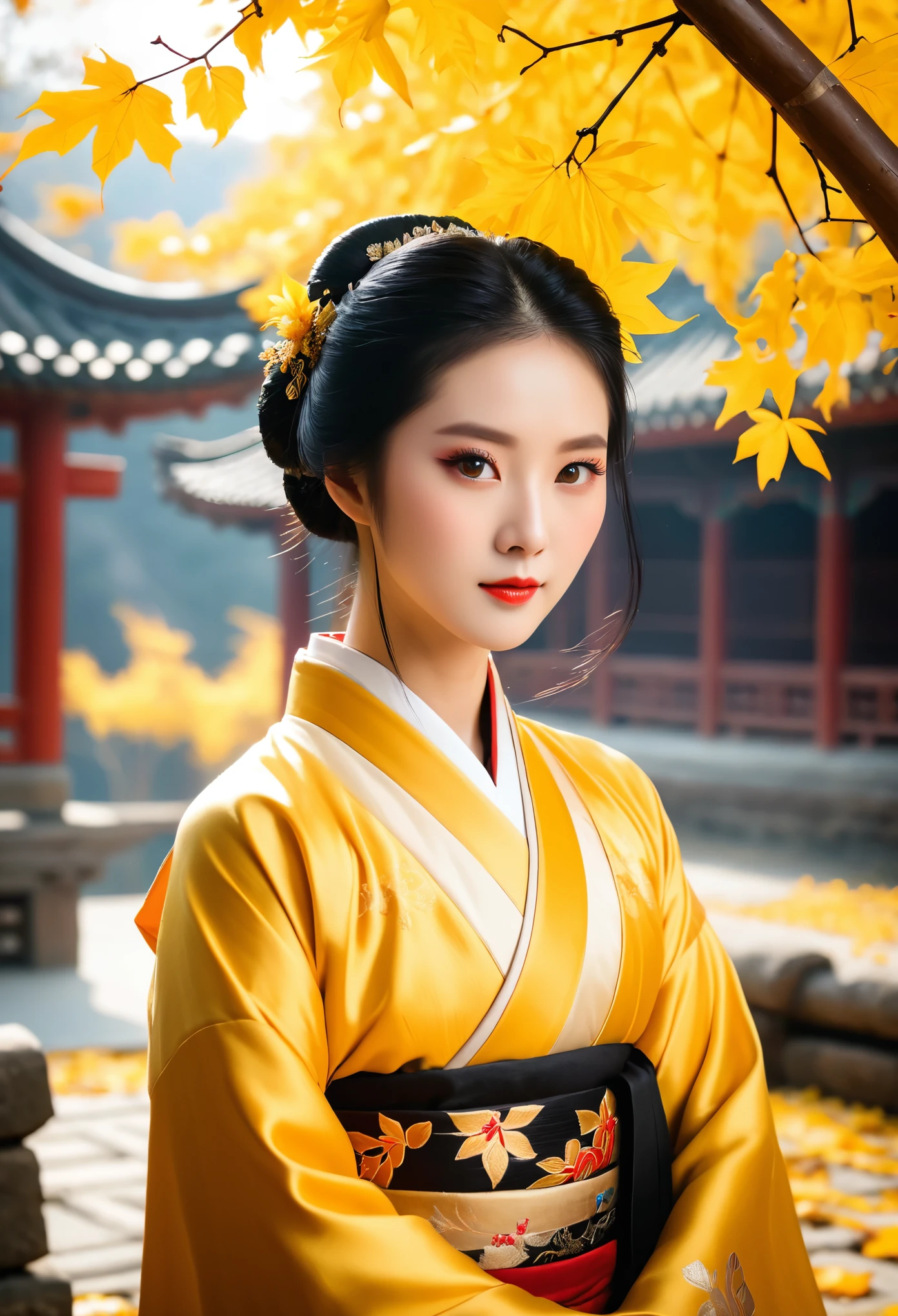 Chinese beauty, looking at the camera with bright eyes and black hair, dressed in Hanfu attire, surrounded by yellow leaves under sunlight. The background is blurred with sunlight shining on her face. She has delicate facial features and soft lighting. in the style of.