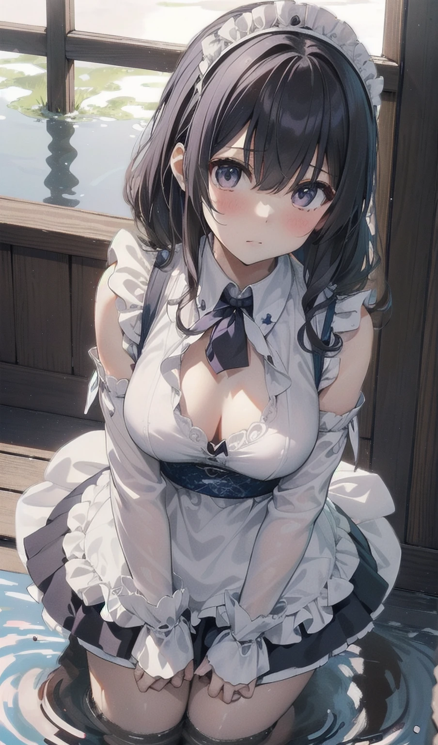 (masterpiece:1.6, highest quality), ((Ultra-high resolution、Very delicate、Optimal Configuration、beautiful light shines、unity 8k wallpaper, beautiful3Dアニメーション))、((beautiful, fine grain: 1.2)), Extremely detailed CG, (Perfect hands, Perfect Anatomy),
((hyoudou michiru, solo, fake animal ears, white thighhighs, maid headdress, detached sleeves, black skirt, white apron, sleeveless shirt, white shirt, black necktie, frilled apron)),
Extremely detailed eyes、Clear Eyes、beautiful肌、Fair skin、bright、Vibrant colors、cute, Detailed face, Detailed skin, Detailed clothing, Detailed fingers, Toned Legs,Small waist、Attractive thighs、Amazingly thin legs、Incredibly slim thighs、beautiful太もも、 Moisturized lips, Sweaty,
(The inside of the mouth is wet with white saliva、A little bit of white juice is overflowing from the mouth.),
Plump big breasts,beautiful胸、beautiful胸の形、Pointed Chest、(((Sweaty and attractive cleavage,Spread your legs 120 degrees to the sides and squat down over a puddle with a diameter of 20 cm)))、Ecstatic face、
garter、レッグgarter、Knee-high socks、Ultra mini skirt、Maid costume cosplay、The second and third buttons of the shirt are undone、Red collar、One shoulder exposed、
Shyness、A gesture of desire、Open your mouth、Very shy、(((I'm so embarrassed my cheeks are flushed:1.5)))、Embarrassed and bitter、
Shooting from below、Stylish cafe、bright街中、The whole body is visible、