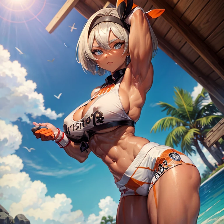 Muscular busty babe in bikini, fully clothed, no nudity, huge tits, no aerole