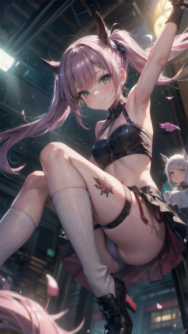 (highest quality:1.2),(Super Resolution),(1 person),(Cute Woman),Jump from a high place,(Angle from directly below:1.2),(Frilled Skirt:1.2),(Skirt flip:1.2)(whole body:1.2),(Petite body:1.2),(Tattoo on the inside of the thigh:1.2),(Taller twin tail hair:1.2),(garter belt),(Pink Panties:1.2),({ :1.5 }),(Pink Hair:1.2),(Shiny Knee Socks:1.2),(Jump with your knees wide apart in a dynamic pose:1.2),(Navel exposed:1.2),((Jump in M-leg pose)),Hot nights、(Glass body),(A shy smile),(Hot and profuse sweat),(The body is slim:1.2),(Beautiful Butt Model:1.2),(Low - Angle:1.3),(Riding an invisible horse:1.3),(lingerie ),(Jump with your legs wide apart like a gymnast:1.2),(Jump with your knees wide apart:1.5),(Photo session),
