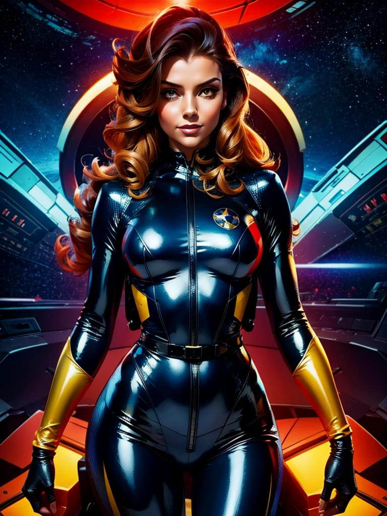 Best quality illustration, space beautiful vintage woman,LONG CURLY hair, looking to observer, LITTLE SHY SMILE, tight latex suit RED with details BLUE AND YELLOW under hi-tech armor, hi-tech gloves, militar tactical belt, spaceship scenario,difuse red lights