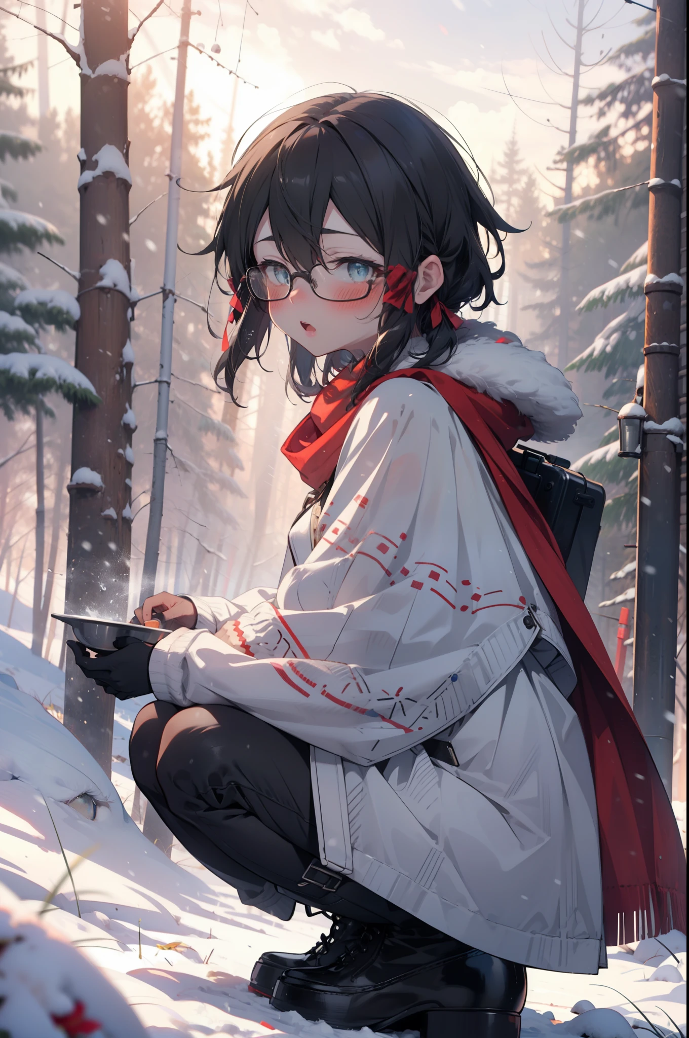 Shino Asada, Shino Asada, (black eye:1.5), Black Hair, Hair between the eyes, Hair Ribbon, short hair, Side Lock, Glasses, (Small breasts:1.2),blush,White Breath,
Open your mouth,snow,Ground bonfire, Outdoor, boots, snowing, From the side, wood, suitcase, Cape, Blurred, having meal, forest, White handbag, nature,  Squat, Mouth closed, Cape, winter, Written boundary depth, Black shoes, red Cape break looking at viewer, Upper Body, whole body, break Outdoor, forest, nature, break (masterpiece:1.2), highest quality, High resolution, unity 8k wallpaper, (shape:0.8), (Beautiful and beautiful eyes:1.6), Highly detailed face, Perfect lighting, Highly detailed CG, (Perfect hands, Perfect Anatomy),