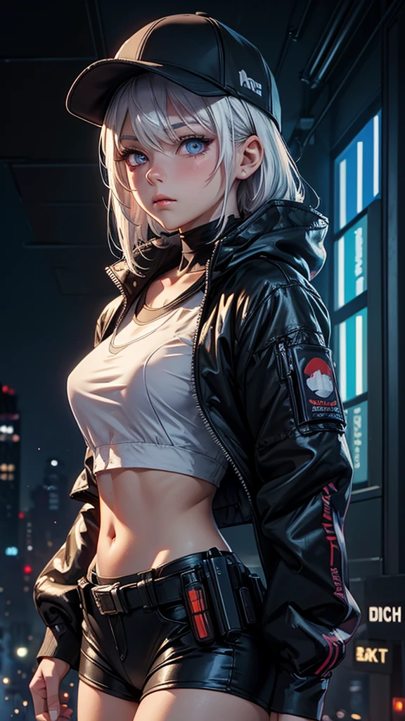masterpiece, best quality, 4k, UHD, mishoujo, beautiful eyes and detailed face, illustration, beautiful detailed, high resolution illustration, glowing_white_particles, 1girl, white hair, light purple eye, hair over one eye, short side tail, baseball cap, expressionless, window shade, black jacket, black crop shirt, chest rig, cyberpunk, techwear, (Impressionism:1.4), mid body portrait, cyberpunk city background, looking serious, skneeling