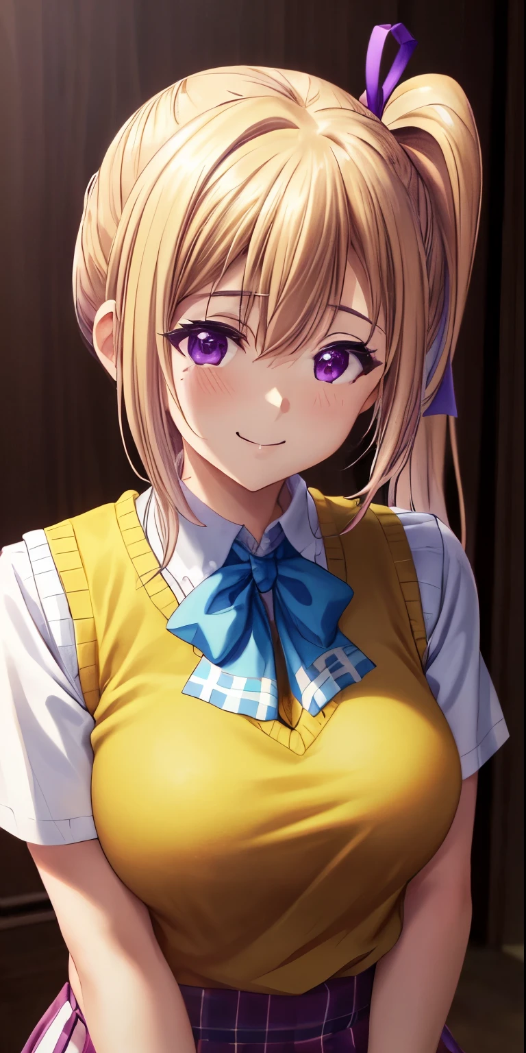 (Best quality:1.3), brown ponytail, large breasts, cleavage, boy,kawakami_mai, blonde  hair, length hair, side poneyTail, a purple eye, Sweater Vest, bow ribbon, Hair ribbon, Mole under the eyes, smiling, (pov, close shot),show NSFW