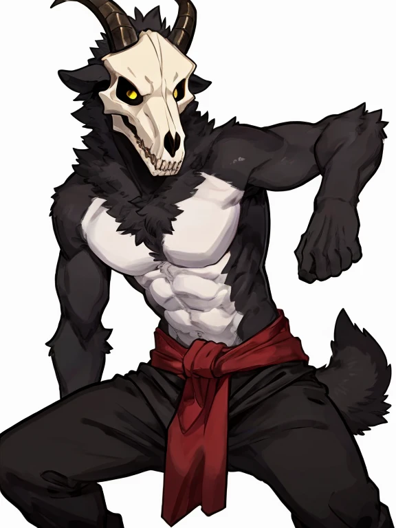 by Buta99, by SpiritD, best quality, masterpiece, perfect anatomy, plain white background, white background, black fur, skull mask, goat skull, yellow eyes, goat, extremely detailed, full body, lean, slim, skinny, thin, weak, muscles, muscular, big chest, adult, mature, masculine, skinny fat, skinnyfat, full body portrait, solo, 1male, masterpiece, posing, pose, dynamic pose, fully black body, black body, fur, fluffy chest, fluffy arms, fluffy torso, chest tuft, hairy chest, sfw, safe for work, goat tail, goat ears, goat horns, brown horns, golden earrings, ring earrings, golden ring earrings, white mask, ears, long ears, curved ears, visible ears, yellow pupils, shirtless, topless, naked, nude, white chest, white belly, fully black body, dynamic expression, fun expression, silly expression, happy expression, tunic, warrior tunic, warrior pants, 