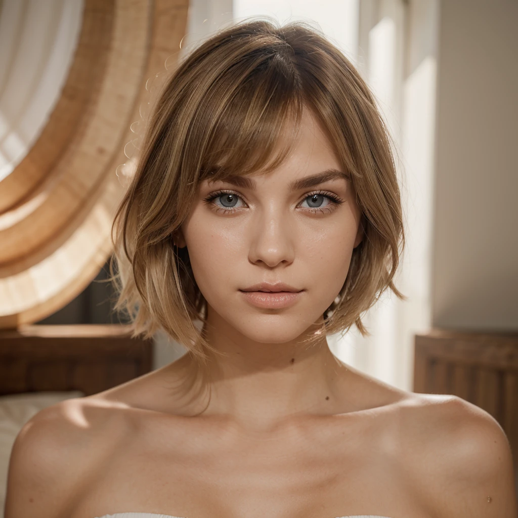 Anna Hoffmann has blonde hair, with a cut that includes short bangs and light waves that fall to her shoulders. Her eyes are a light and expressive blue, highlighted by light makeup that emphasizes both the upper and lower parts of the eyes. The eyebrows are natural and well defined, shaping your look in a subtle way. Her lips are a neutral pink tone, providing a fresh and youthful appearance. The skin is clear and appears smooth, with a slight glow that suggests health and vitality.
