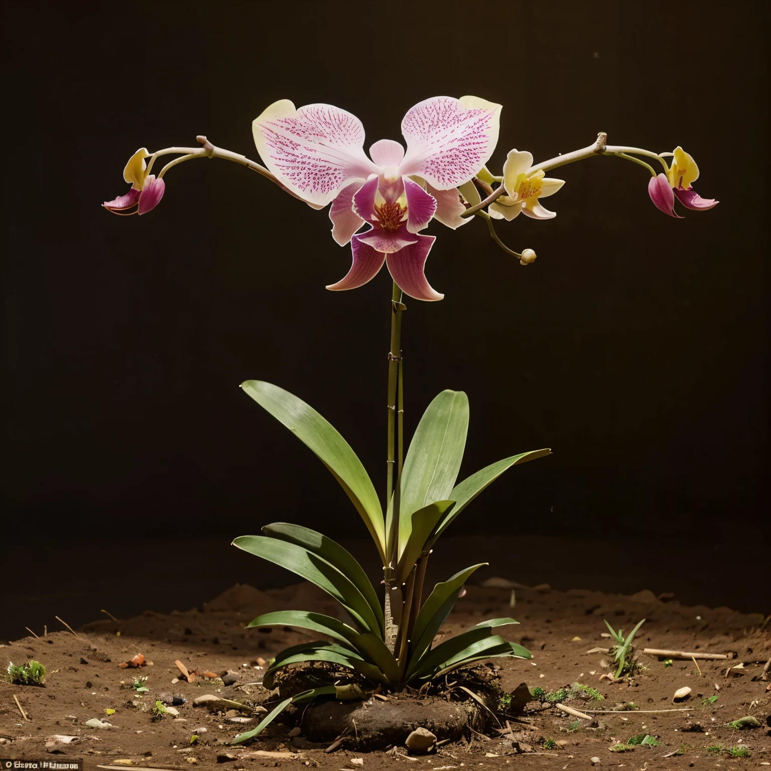 Creates a strikingly colored orchid with a noticeably thick stem and many long spines on the, It must be seen in the soil in which it is planted and its roots must be seen and the roots must be long..
This orchid should not have ANY leaves.