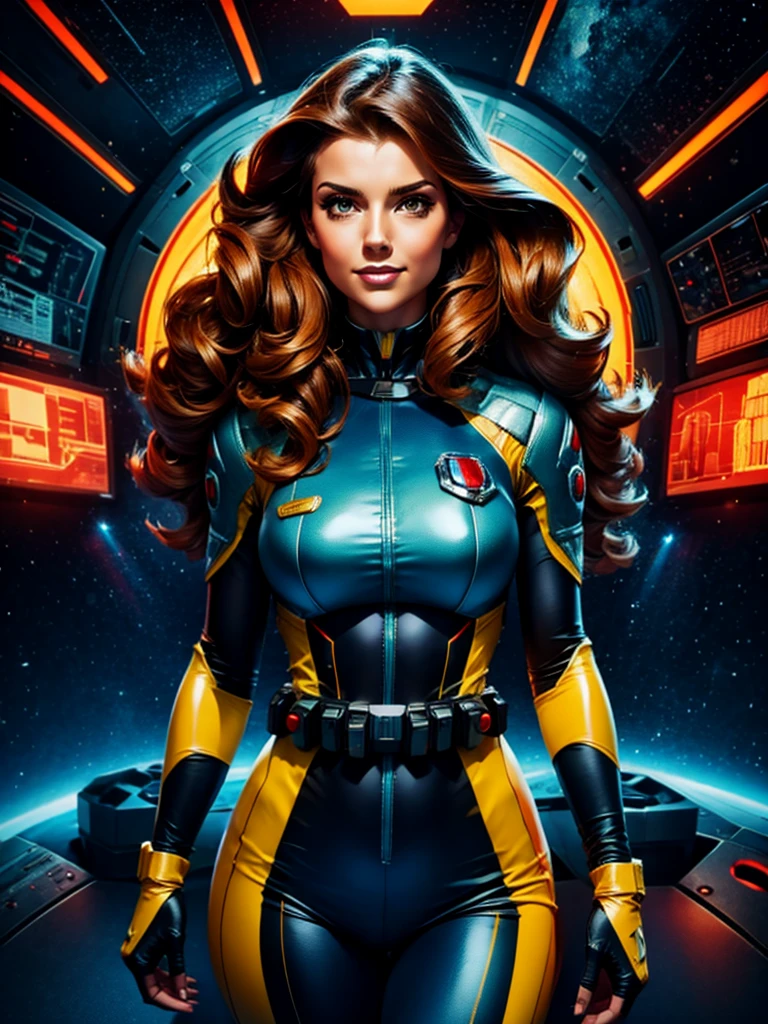 Best quality illustration, space beautiful vintage woman,LONG CURLY hair, looking to observer, LITTLE SHY SMILE, tight hi-tech armor suit RED with details BLUE AND YELLOW, hi-tech gloves, militar tactical belt, spaceship scenario,difuse red lights