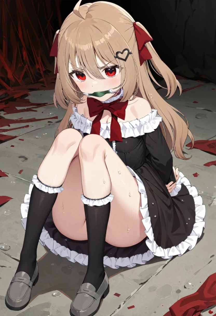 1girl, evil neuro-sama, (yuzu modoki), red eyes, light brown hair, ahoge, two side up, hair ribbon, dark red ribbon, heart hair ornament, black dress, frilled dress, off-shoulder dress, bare shoulders, frilled choker, long sleeves, red bow, red buttons, black heart, black socks, frilled socks, grey footwear, loafers, (masterpiece, best quality), highly detailed, finely detailed, from above, arm behind back, wet, angry, gagged, looking at viewer, spread legs, see-through dress, covered nipples, sitting, underwear, cleavage, hugging own legs, knees to chest,