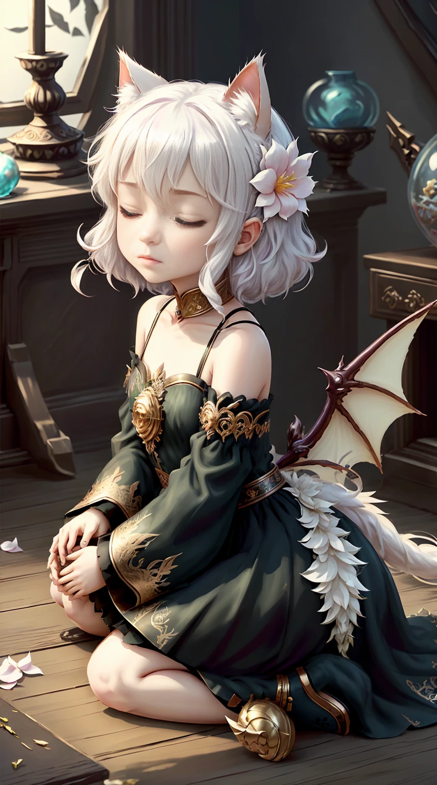 Faris Style, alone, hair ornaments, close your eyes, flower, wing, horn, Cat, white Cat, Dragon-Cat, hair flower, No humans, gem, Dragon, scale, eastern Dragon, Movie angle, Cinema Lighting, Shorthand, Depth of written boundary, Detailed Background, masterpiece, highest quality , Official Art ,