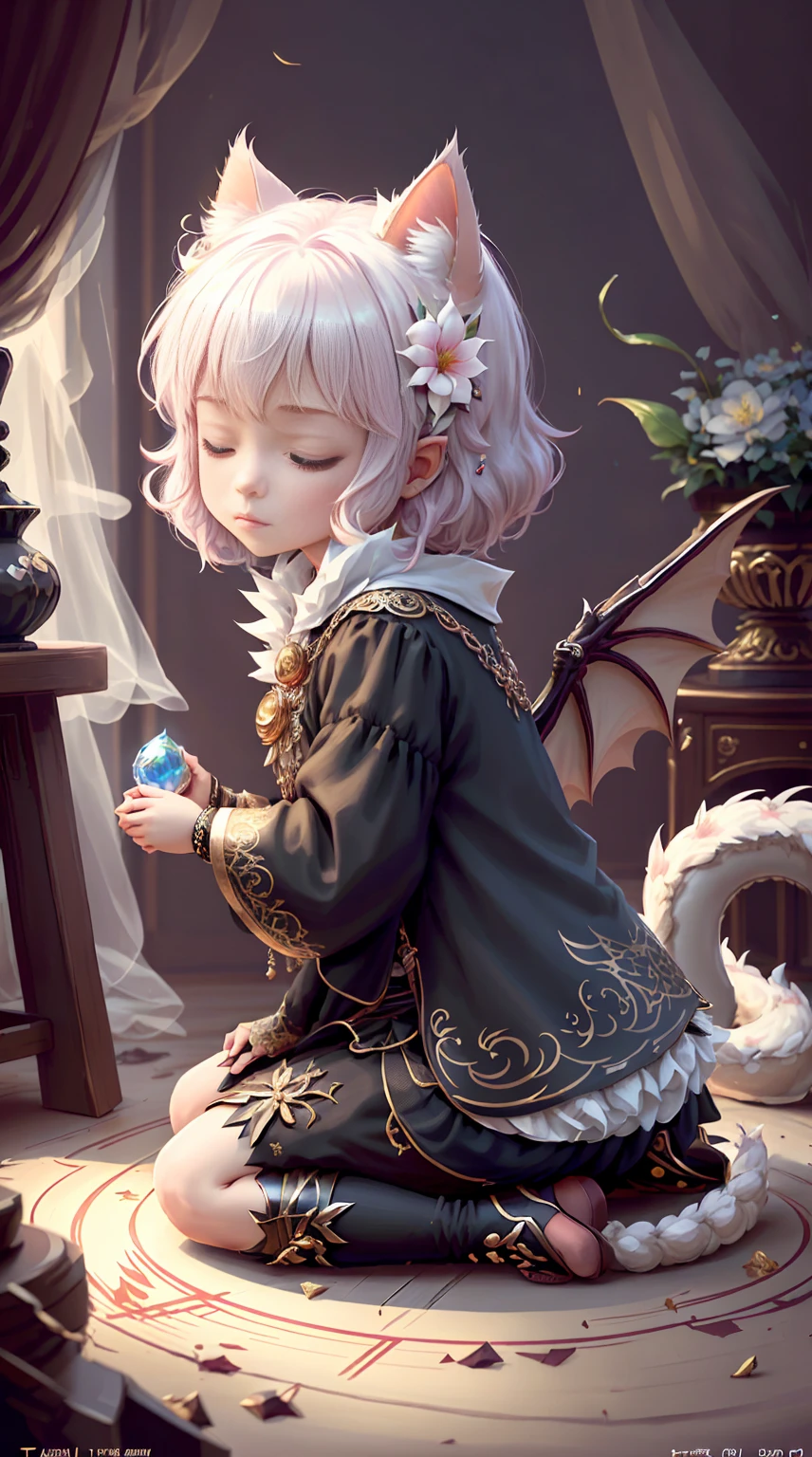 Faris Style, alone, hair ornaments, close your eyes, flower, wing, horn, Cat, white Cat, Dragon-Cat, hair flower, No humans, gem, Dragon, scale, eastern Dragon, Movie angle, Cinema Lighting, Shorthand, Depth of written boundary, Detailed Background, masterpiece, highest quality , Official Art ,