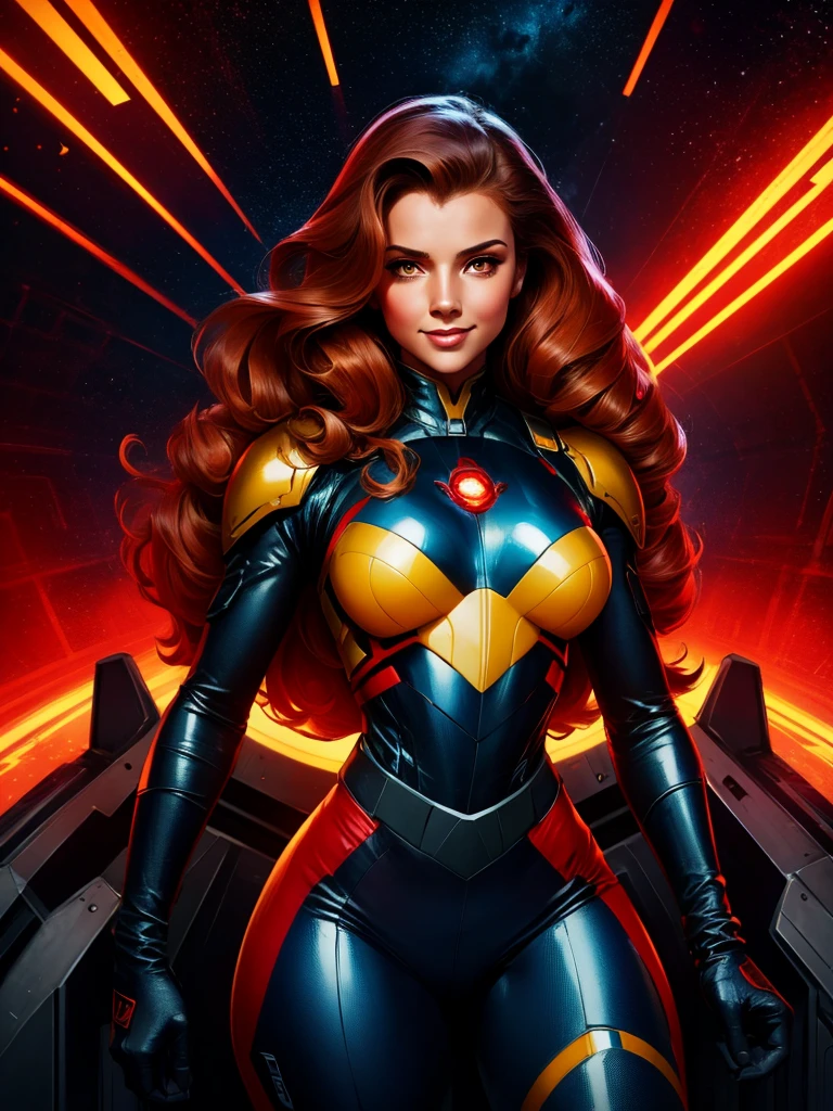 Best quality illustration, space beautiful vintage woman,in defense position,LONG CURLY hair, looking to observer, LITTLE SHY SMILE, tight hi-tech armor suit RED with yellow details, hi-tech gloves, militar tactical belt, spaceship scenario,difuse red lights