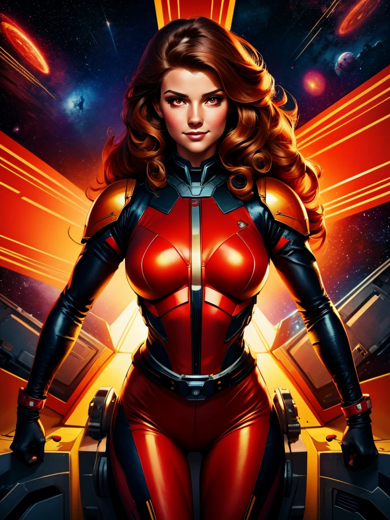 Best quality illustration, space beautiful vintage woman,in defense position,LONG CURLY hair, looking to observer, LITTLE SHY SMILE, tight hi-tech armor suit RED with yellow details, hi-tech gloves, militar tactical belt, spaceship scenario,difuse red lights