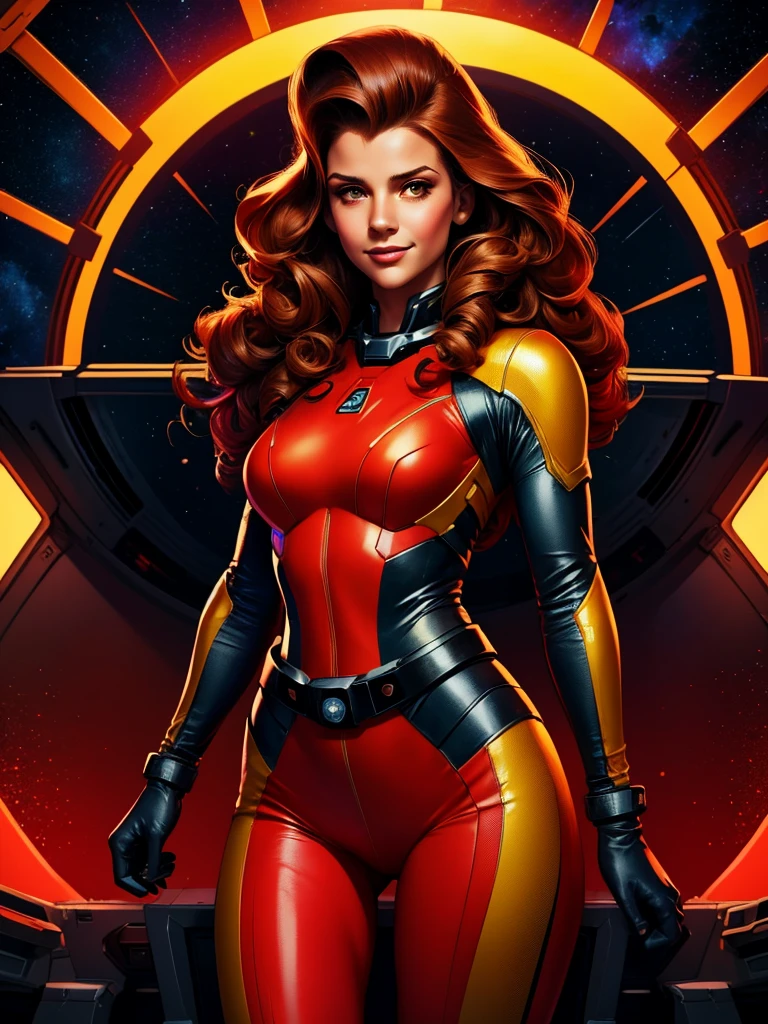 Best quality illustration, space beautiful vintage woman,in defense position,LONG CURLY hair, looking to observer, LITTLE SHY SMILE, tight hi-tech armor suit RED with yellow details, hi-tech gloves, militar tactical belt, spaceship scenario,difuse red lights
