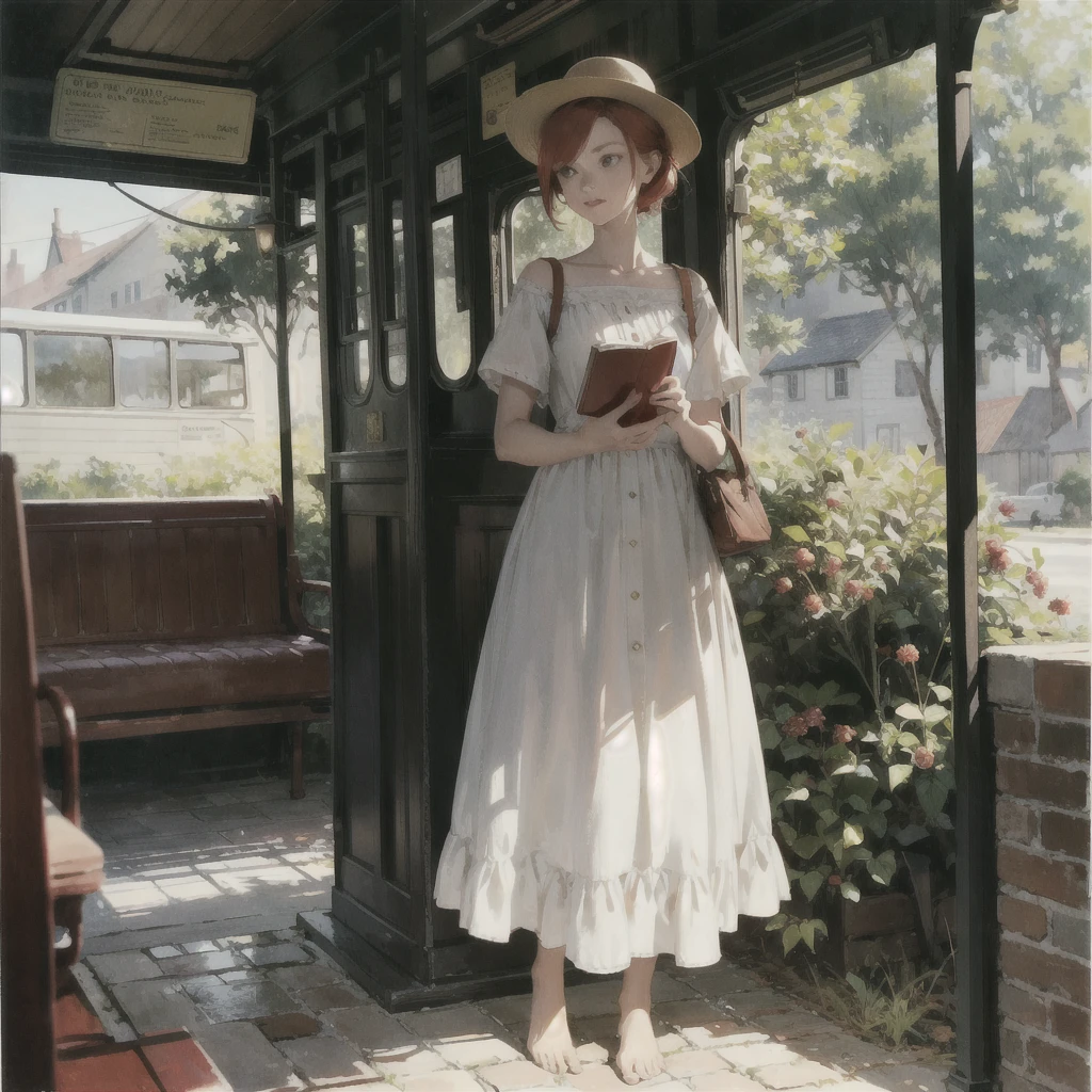 a beautiful slender thin girl with a perfect face of the southern type with red hair in a 19th century dress in a hat with a book and an apple stands barefoot (near the big old one ((the bus))), summer, A warm sunny day, in a gentle watercolor style, Discreet shades, sfumato, haze, diffused dim light, delicate mint shades, imitation of film photography, olive and grape shades, Brick Road, Brick house, coffee, High image quality, Maximum detail, big space eyes, big old bus nearby