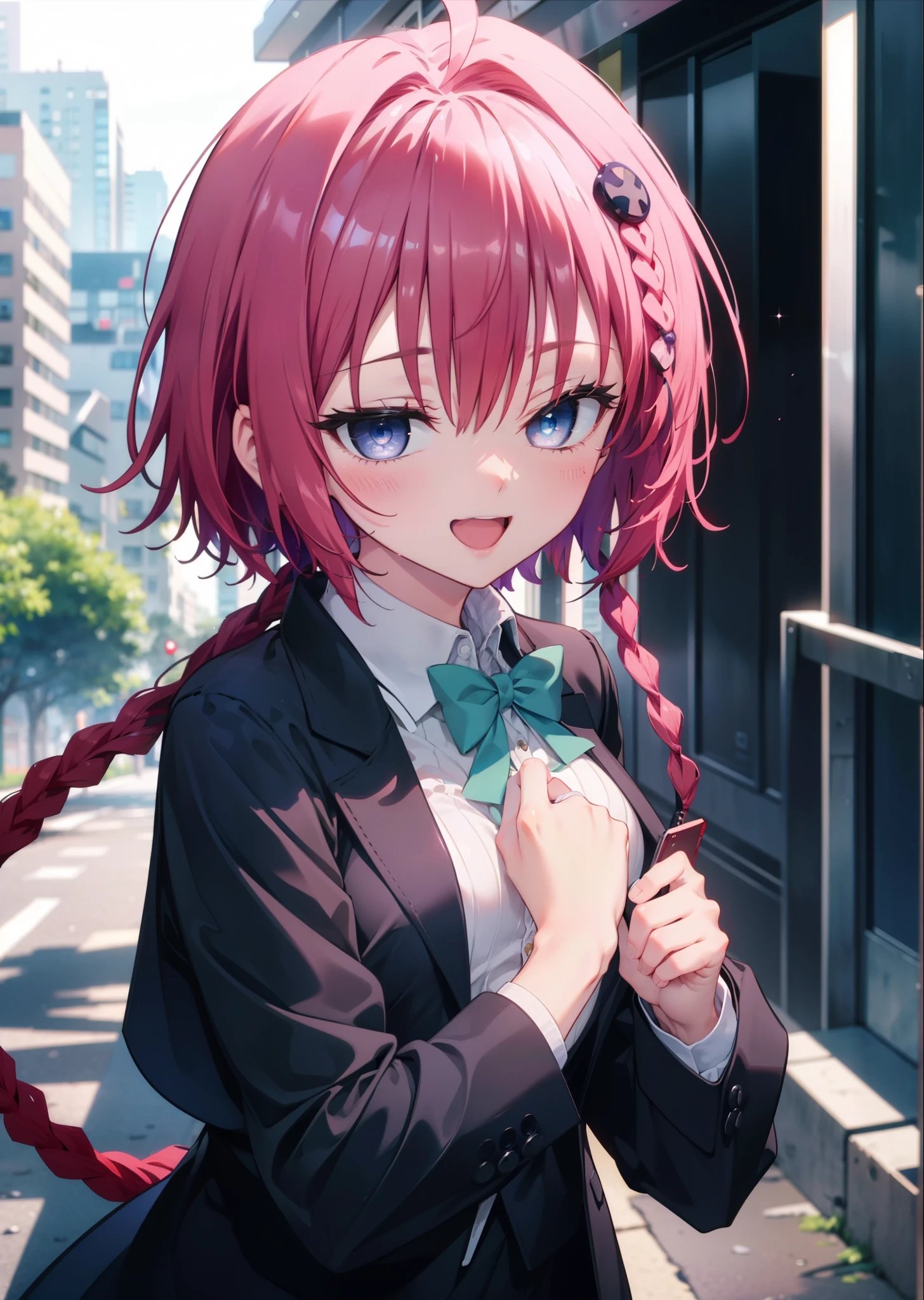 (masterpiece, highest quality:1.2),shape,8k,High resolution,kurosaki mea,Cowboy Shot,まるでwhole bodyがイラストの中にいるかのように,1 girl,happy smile, smile, Open your mouth,Red Hair,Long braids,Upper Body,(Portraiture:1.2),hair ornaments,smile,Purple eyes,Medium Chest,White hair band,OL, end, Black suit jacket, Collared jacket, White dress shirt, Collared shirt, Neckline, button, Black pencil skirt, Black pantyhose,Stiletto heels,morning,morning陽,The sun is rising,Walking,whole bodyがイラストに入るように,
break looking at viewer,whole body,
break outdoors, Building district,
break (masterpiece:1.2), highest quality, High resolution, unity 8k wallpaper, (shape:0.8), (Fine and beautiful eyes:1.6), Highly detailed face, Perfect lighting, Highly detailed CG, (Perfect hands, Perfect Anatomy),
