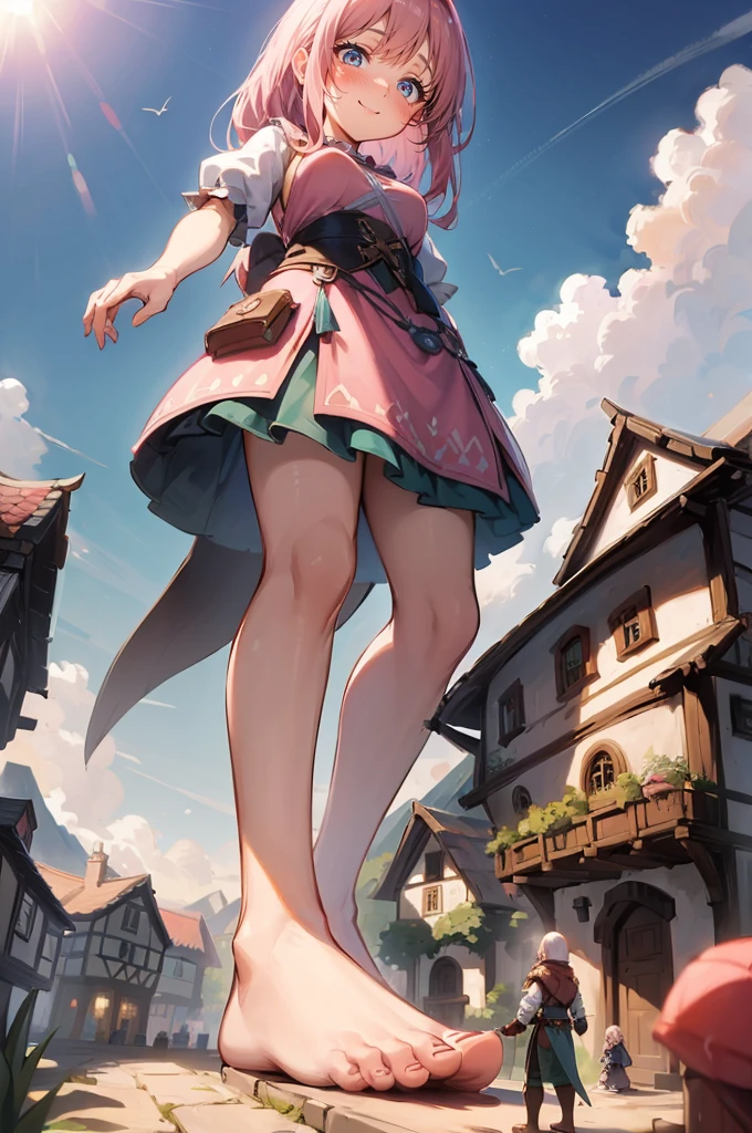 (height_difference:1.5), (size_difference:1.1), (giantess:1.1), a giantess looking down at tiny village, a tiny village below the breasts of a giantess, (fantasy:1.1), legs, (commoner adventurer clothing), (barefoot), (cute pink girl clothing), (macro: 1.2), toenails