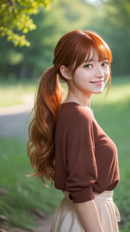 1 girl, 17 yo girl, she's cute,cute bangs, perfect clothes, perfect anatomy, detail eyes,ponytails, orange-haired, long hair, wavy hair, gorgeous, she's smiling, sweet smile, nature background, perfect scenery, HD Graphics, nature lights, full body looks, 4K wallpaper, perfect photograph