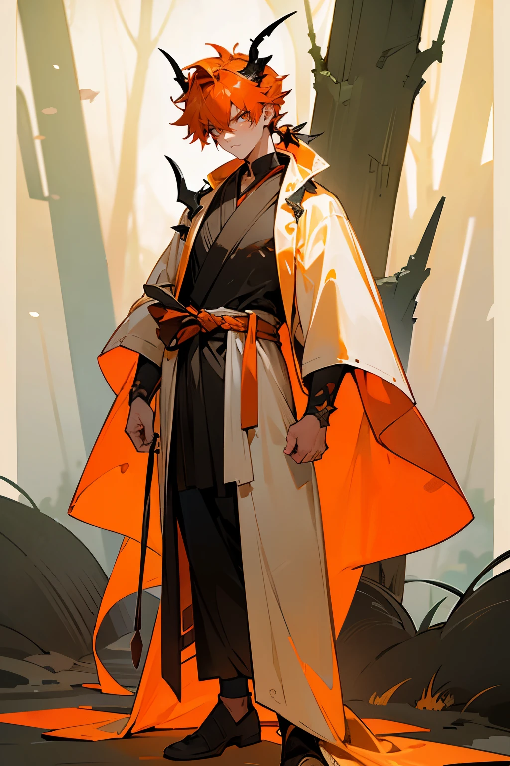 Masterpiece Quality, Perfect Generation, Detailed Eyes, , , Orange Medium Messy Spiky Hair Undercut, Hair Tied, , , , Male, , Detailed Eyes, Standing In Forest City, Facing Viewer, , Male, , Full Body, , Orange Hair, Orange Eyeliner, Horns, Muscular, , Orange And White Robes, Serious Face