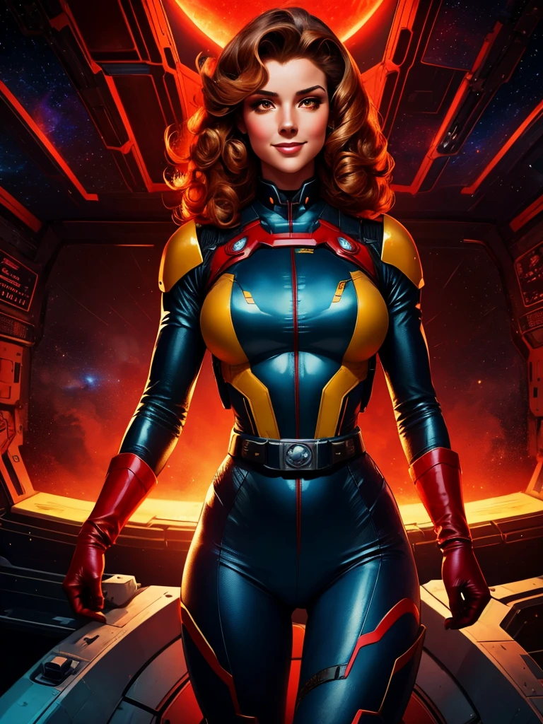 Best quality illustration, space beautiful vintage woman,CURLY hair, looking to observer, LITTLE SHY SMILE, tight hi-tech armor suit RED with yellow details, adjusting hi-tech gloves, militar tactical belt, spaceship scenario,difuse red lights