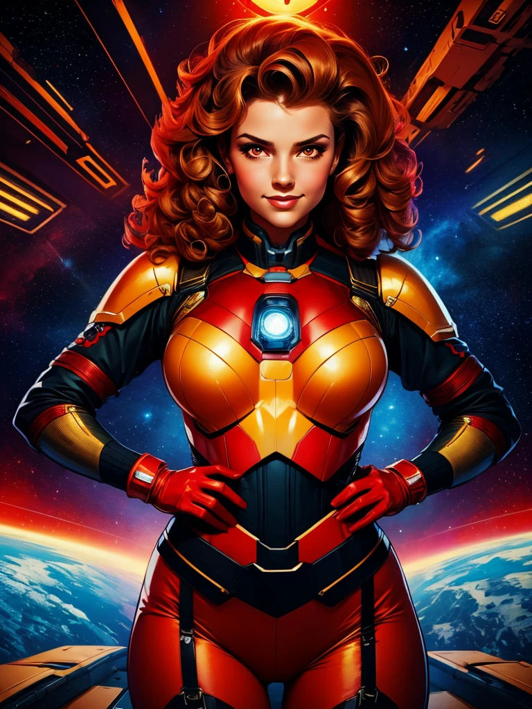 Best quality illustration, space beautiful vintage woman,CURLY hair, looking to observer, LITTLE SHY SMILE, tight hi-tech armor suit RED with yellow details, adjusting hi-tech gloves, militar tactical belt, spaceship scenario,difuse red lights