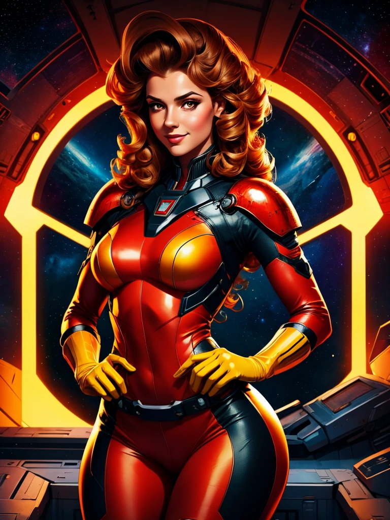 Best quality illustration, space beautiful vintage woman,CURLY hair, looking to observer, LITTLE SHY SMILE, tight hi-tech armor suit RED with yellow details, adjusting hi-tech gloves, militar tactical belt, spaceship scenario,difuse red lights