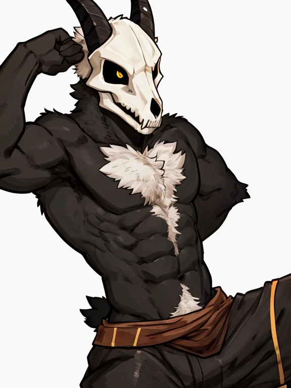 by Buta99, by SpiritD, best quality, masterpiece, perfect anatomy, plain white background, white background, black fur, skull mask, goat skull, yellow eyes, goat, extremely detailed, full body, lean, slim, skinny, thin, weak, muscles, muscular, big chest, adult, mature, masculine, skinny fat, skinnyfat, full body portrait, solo, 1male, masterpiece, posing, pose, dynamic pose, fully black body, black body, fur, fluffy chest, fluffy arms, fluffy torso, chest tuft, hairy chest, sfw, safe for work, goat tail, goat ears, goat horns, brown horns, golden earrings, ring earrings, golden ring earrings, white mask, ears, long ears, curved ears, visible ears, yellow pupils, shirtless, topless, naked, nude, white chest, white belly, fully black body, dynamic expression, fun expression, silly expression, happy expression, tunic, warrior tunic, warrior pants, 