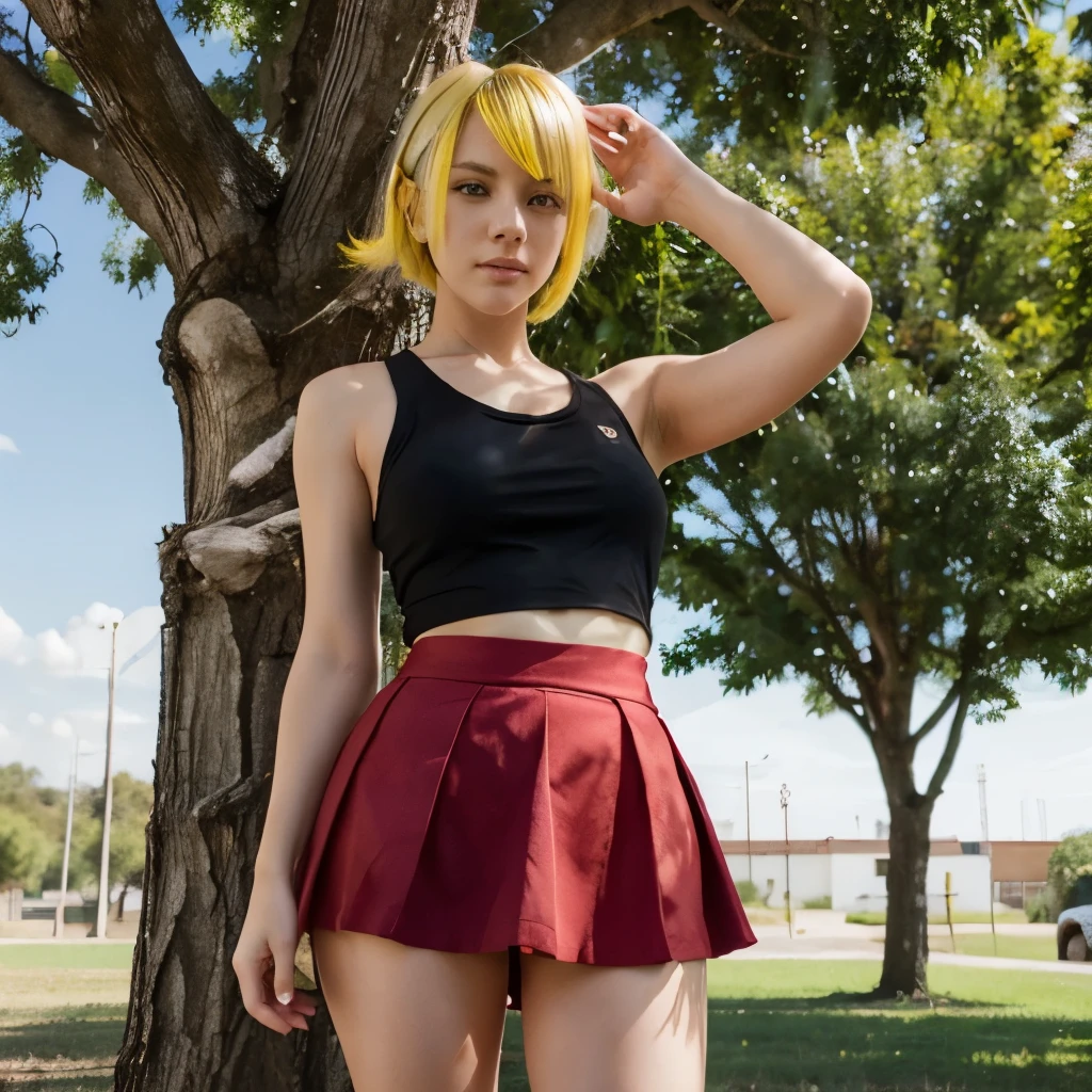 Girl, red skirt, tree, blue sky, black tank top, Ecchi, yellow hair, short hair.