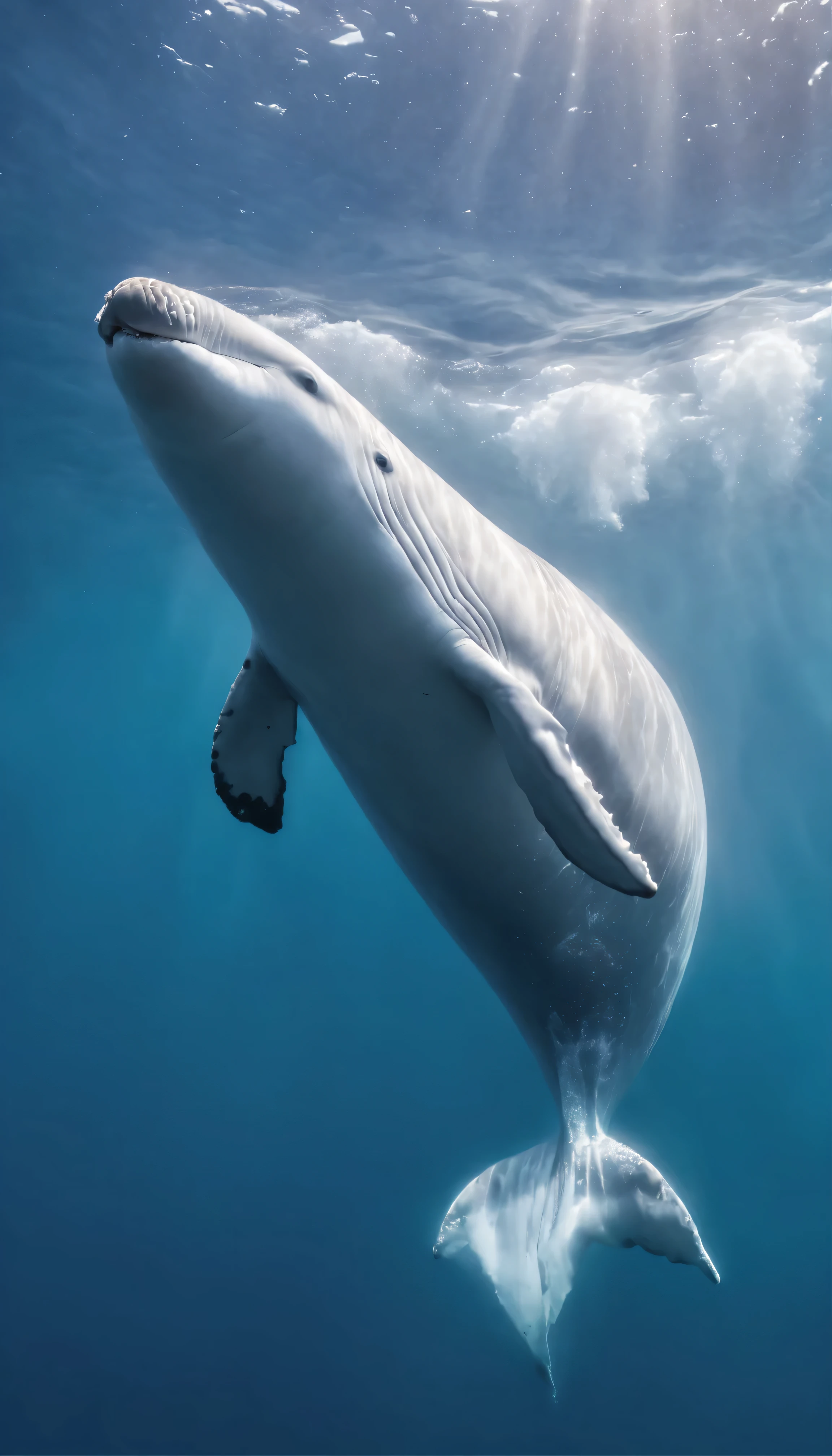 Powerful footage of a beluga whale jumping out of the crystal clear ocean。A giant body shining with smooth white skin、Erupting from the calm waters, sparkling in the sunlight。Hurloo, the gentle giant lands with a monumental splash.、They danced and scattered, creating ripples in the sunlit sea.、Enhance the atmosphere of dynamic, larger-than-life scenes。Witness the beauty and majesty of whales in high resolution、Capture every detail vividly and enjoy。