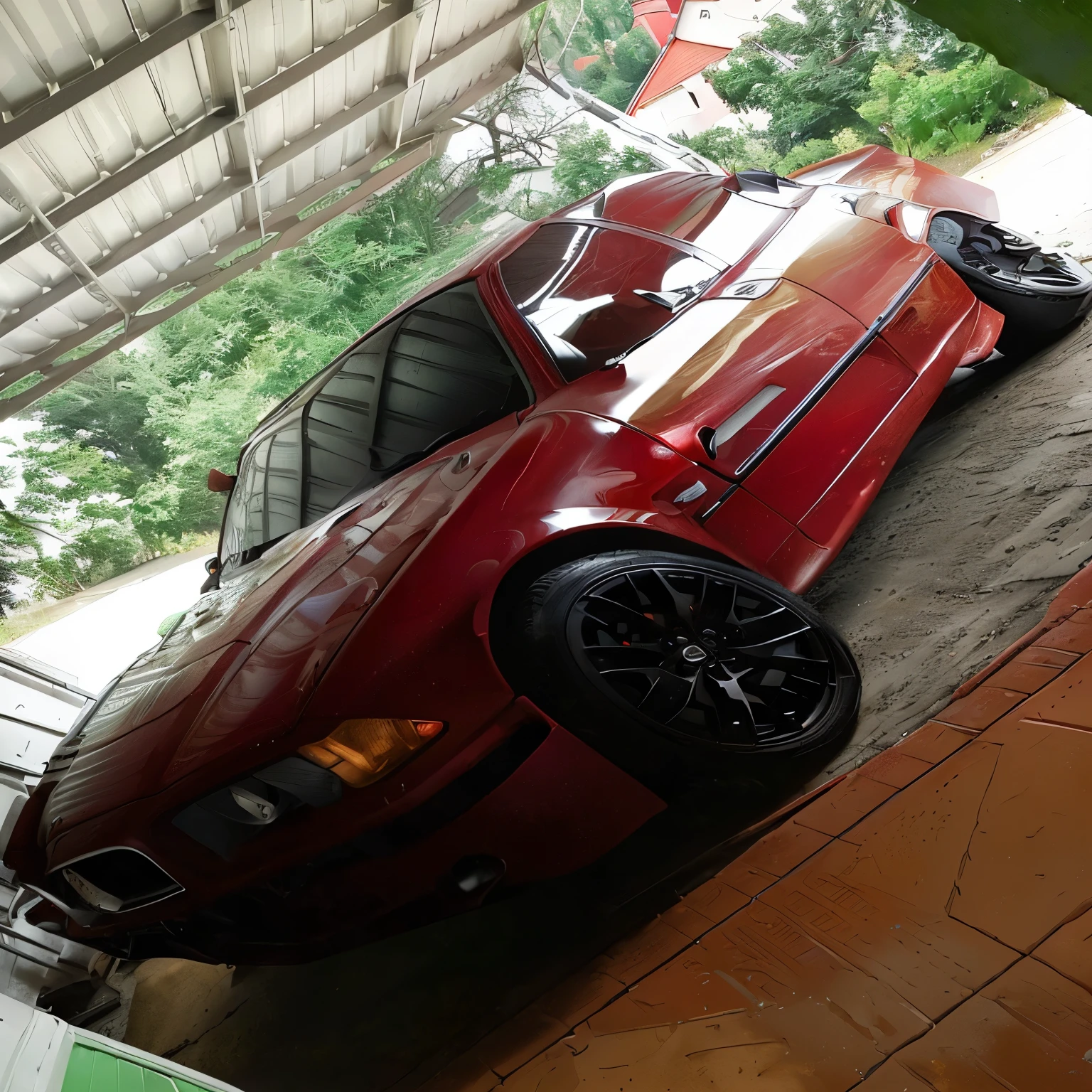 there is a red car parked in a garage with a roof, front side full, front side, front profile!!!!, sideview, front side view, side front view, 3/4 side view, frontview, frontshot, front profile, frontal shot, frontal picture, side-view, side - view, from side, side view, red car