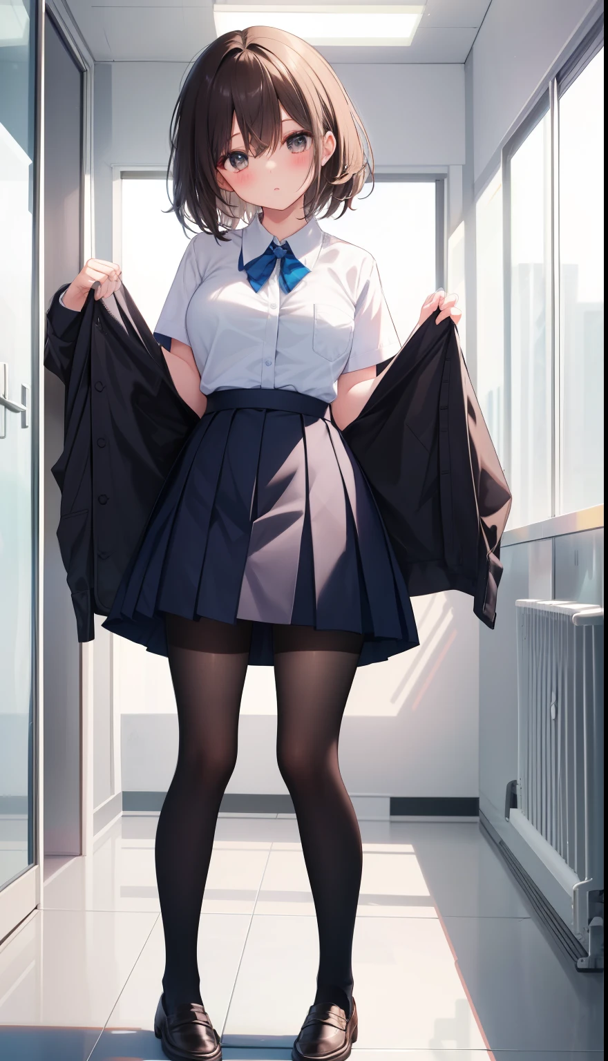 One Girl、Positive、From above、Full body portrait、Brown haired、Medium Haircut、blush、Absolute area、Knee socks、stockings、pantyhose、レースpantyhose、White underwear、Cleavage、Light blue cut shirt、Unbutton your shirt、Navy blue checkered pleated skirt、Very short skirt、Inside the school、Daytime、(Very big boobs)、((Full Body Lesbian))、masterpiece、(highest quality)、
Panties around the ankles、loafers