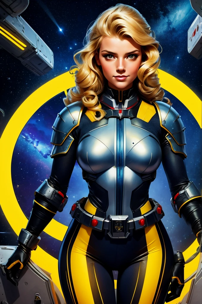 Best quality illustration, space beautiful vintage woman,CURLY blonde hair, looking to observer, LITTLE SHY SMILE, tight hi-tech armor suit RED with intrincated details, adjusting hi-tech gloves, militar tactical belt, spaceship scenario,difuse yellow lights