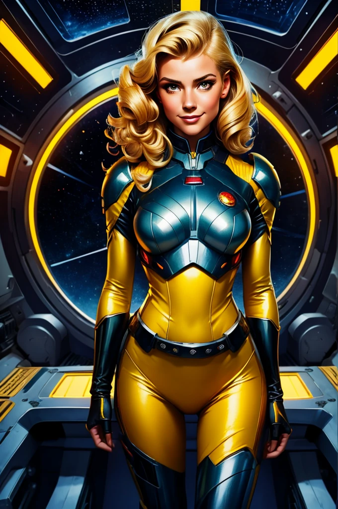 Best quality illustration, space beautiful vintage woman,CURLY blonde hair, looking to observer, LITTLE SHY SMILE, tight hi-tech armor suit RED with intrincated details, adjusting hi-tech gloves, militar tactical belt, spaceship scenario,difuse yellow lights