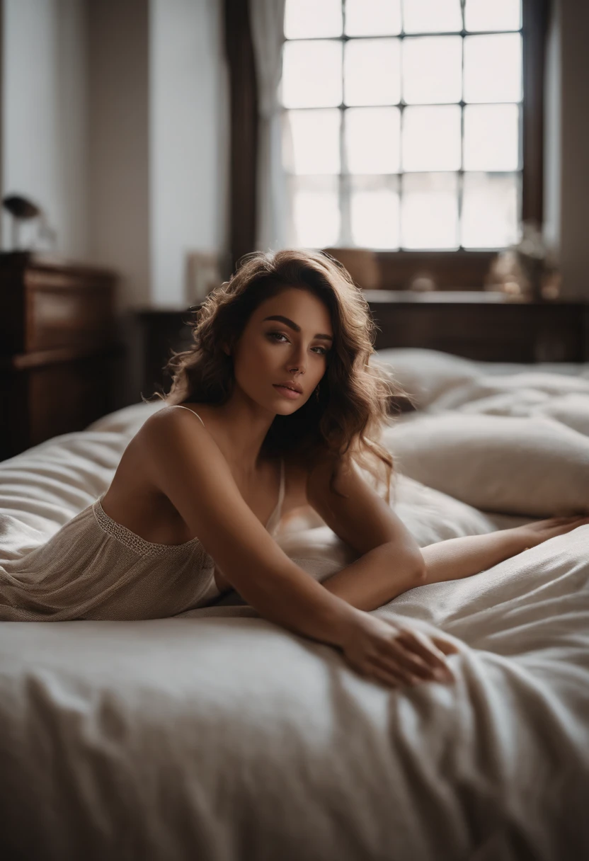arafed femme nue, lying on the bed, dans la chambre, half covered bottom, yeux marrons, Portrait de Sophie Mudd, maquillage naturel cheveux bruns, regarder directement la caméra, superbe photo de tout le corps, pose sexy, Jolie fille, Brown Goddess, high detail